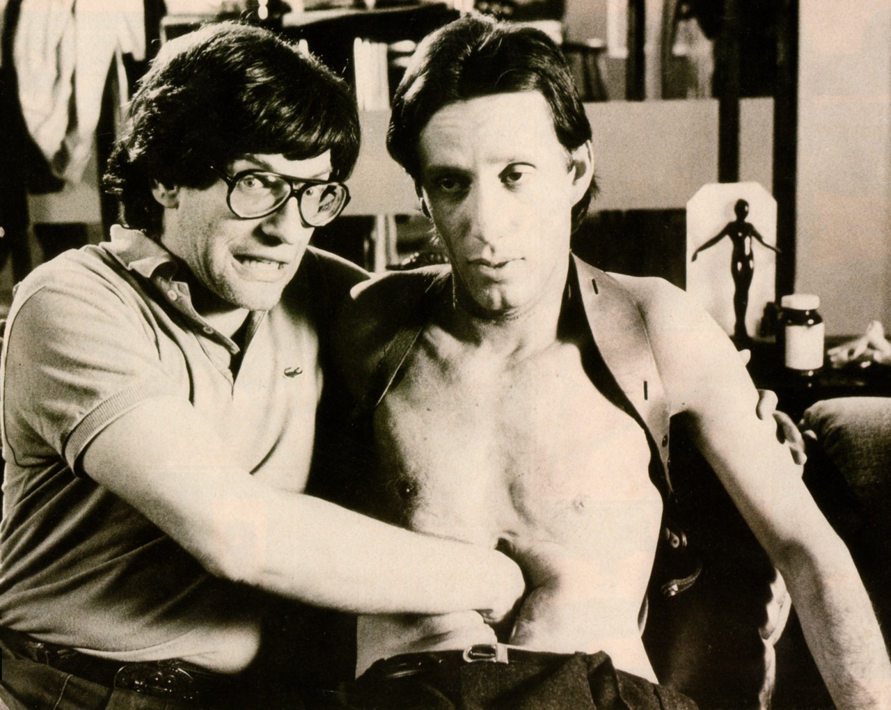 David Cronenberg and James Woods on the set of Videodrome
